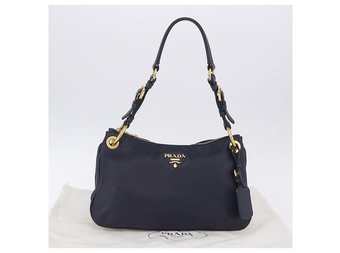 Bolsa de Ombro PRADA em Couro Navy Gold Auth 203139V Dourado Azul marinho - vista 12