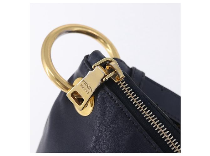 Bolsa de Ombro PRADA em Couro Navy Gold Auth 203139V Dourado Azul marinho - vista 27