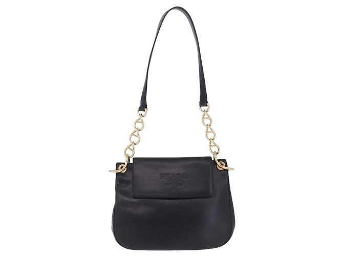 Bolsa de Ombro com Corrente PRADA em Couro Preto e Ouro Auth am12576V Dourado - vista 13