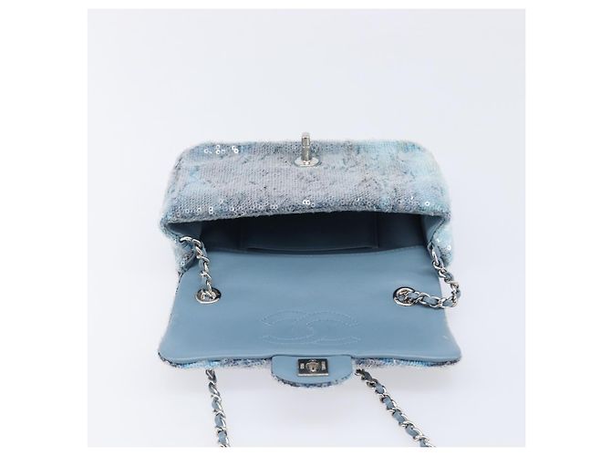 Borsa a tracolla Mini Matelassé con catena CHANEL in paillettes Blu Argento CC Auth yk20926M - vista 18