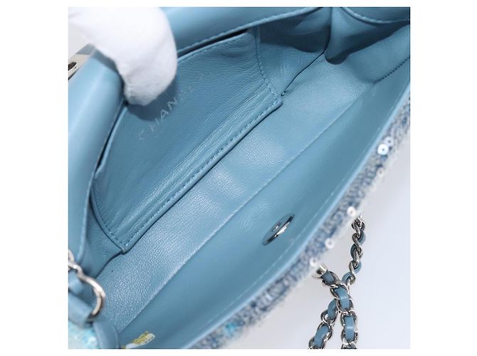 Borsa a tracolla Mini Matelassé con catena CHANEL in paillettes Blu Argento CC Auth yk20926M - vista 23