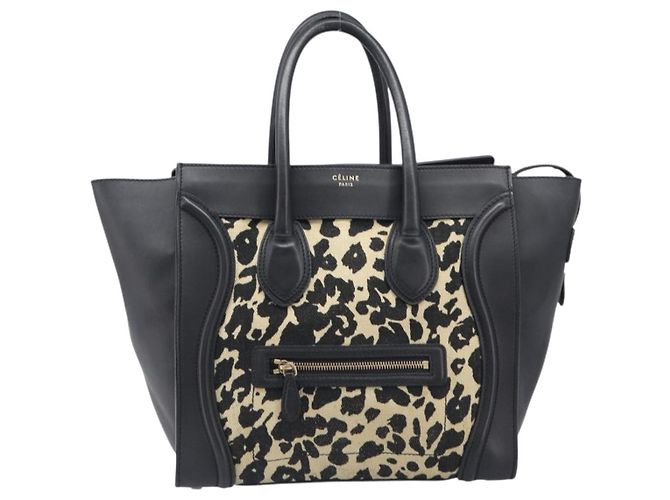 Céline CELINE Luggage Mini Shopper Handtasche Canvas Leather Black Gold Auth 203648A Schwarz Golden - Ansicht 2