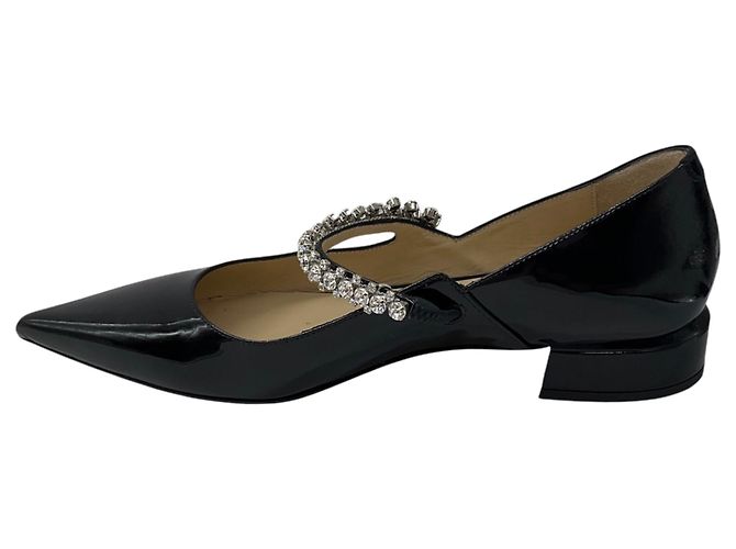 Jimmy Choo Black Bing Crystal Embellished Patent Leather Flats Nero - vista 3