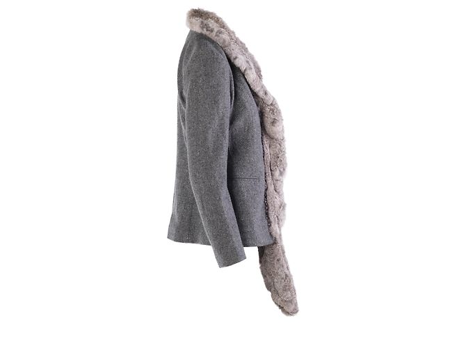 Autre Marque Blazer ajustado Weber em lã virgem e cashmere cinza com acabamento em pele de coelho - vista 2
