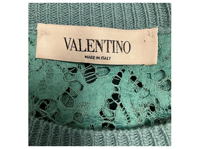Valentino Garavani Valentino Rundhals-Pullover aus Wolle und Kaschmir in Türkis mit Spitzenrücken Blau - Ansicht 4