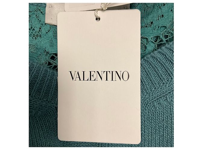 Valentino Garavani Valentino Rundhals-Pullover aus Wolle und Kaschmir in Türkis mit Spitzenrücken Blau - Ansicht 6
