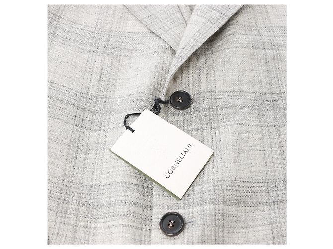 Corneliani Single-Breasted Check Wool Coat in Gray, Size 52 IT Brown - view 3