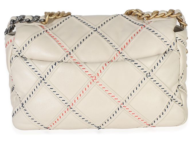 Chanel 19 Medium Flap Bag aus multicolorigem beigem gestepptem Lammleder und Mischfasern - Ansicht 2