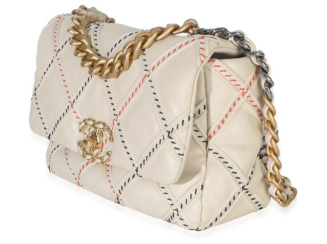 Chanel 19 Medium Flap Bag aus multicolorigem beigem gestepptem Lammleder und Mischfasern - Ansicht 3