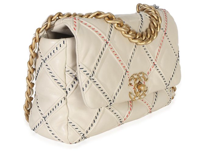 Chanel 19 Medium Flap Bag aus multicolorigem beigem gestepptem Lammleder und Mischfasern - Ansicht 4