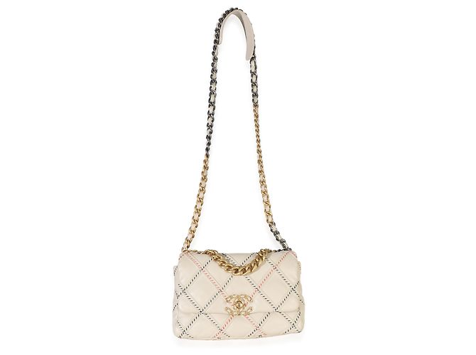 Chanel 19 Medium Flap Bag aus multicolorigem beigem gestepptem Lammleder und Mischfasern - Ansicht 5
