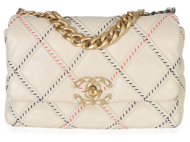 Chanel 19 Medium Flap Bag aus multicolorigem beigem gestepptem Lammleder und Mischfasern - Ansicht 8