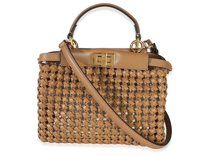 Fendi Cappuccino Mini Peekaboo Iconic Satchel aus geflochtenem Kalbsleder Beige - Ansicht 2