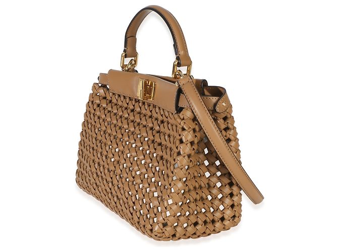 Fendi Cappuccino Mini Peekaboo Iconic Satchel aus geflochtenem Kalbsleder Beige - Ansicht 3