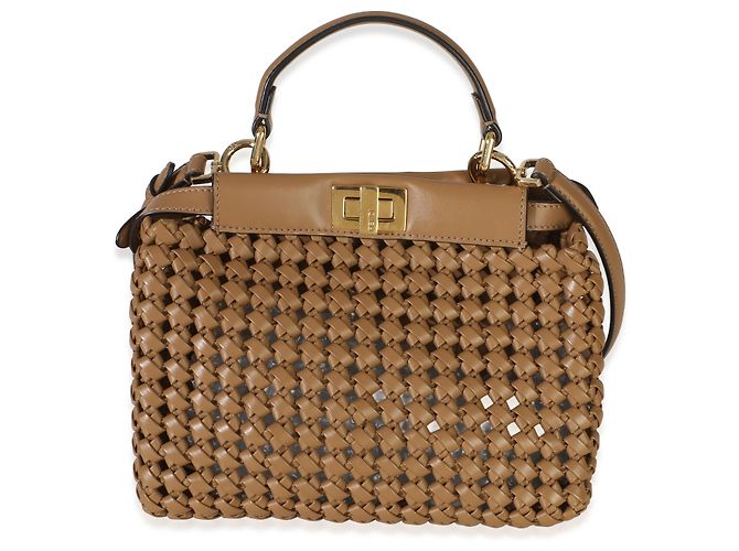 Fendi Cappuccino Mini Peekaboo Iconic Satchel aus geflochtenem Kalbsleder Beige - Ansicht 8