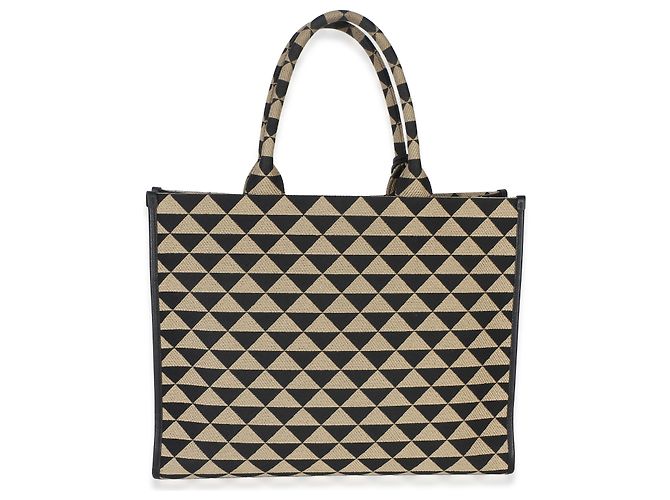 borsa Tote Grande Prada in Jacquard Saffiano Triangolo Symbole Ricamato, Nero e Beige - vista 2