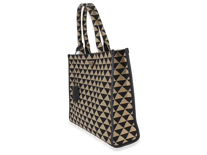 borsa Tote Grande Prada in Jacquard Saffiano Triangolo Symbole Ricamato, Nero e Beige - vista 3