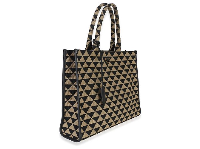 borsa Tote Grande Prada in Jacquard Saffiano Triangolo Symbole Ricamato, Nero e Beige - vista 4