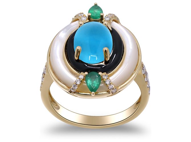 Autre Marque Anello cocktail in oro giallo, turchese e diamanti - vista 4