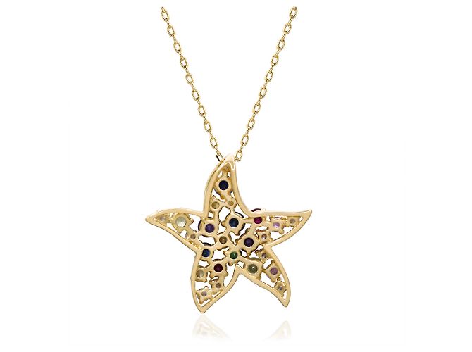 Autre Marque Pendente a forma di stella marina in oro giallo, zaffiro e diamante - vista 3