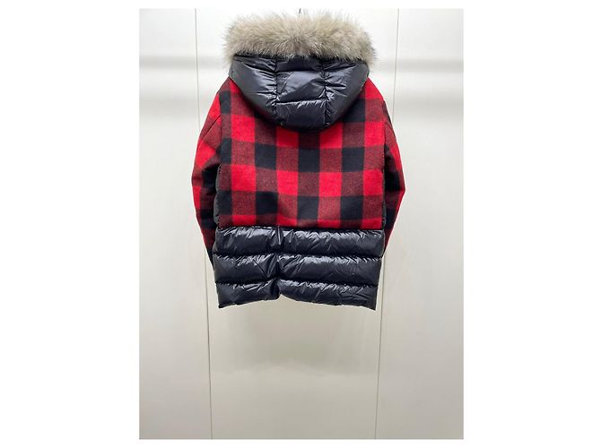 Moncler Red Plaid Wool Down Jacket with Fur Collar Multiple colors - view 2