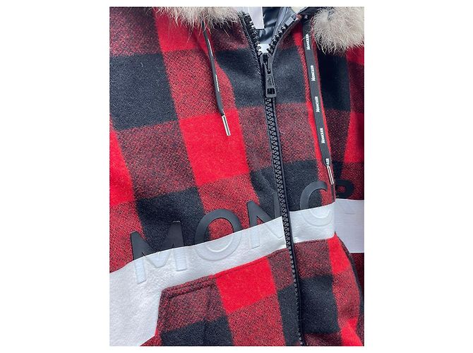Moncler Red Plaid Wool Down Jacket with Fur Collar Multiple colors - view 4