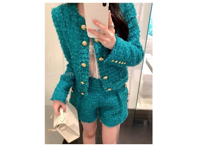 Falda-pantalón Balmain de tweed turquesa con botones dorados Multicolor - vista 6