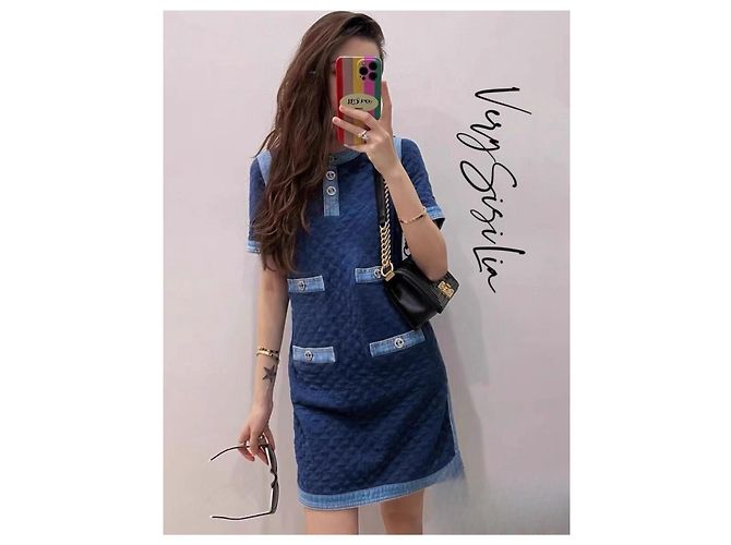 Chanel Denim Kleid mit Kristallknöpfen Mehrfarben - Ansicht 9