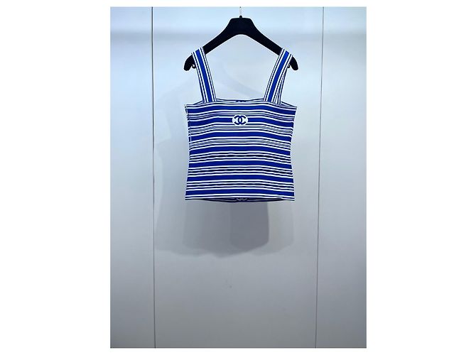 Colete Chanel Sem Mangas de Algodão Listrado Azul e Branco Multicor - vista 2