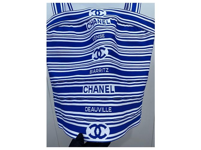 Colete Chanel Sem Mangas de Algodão Listrado Azul e Branco Multicor - vista 6