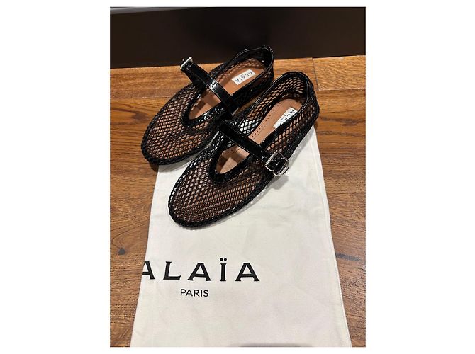 Alaïa Bailarinas de malla negra con tiras de cuero charol Negro - vista 10