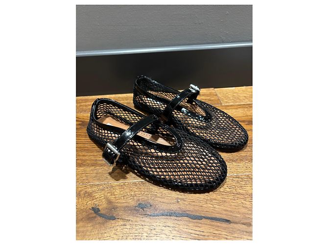 Alaïa Bailarinas de malla negra con tiras de cuero charol Negro - vista 4