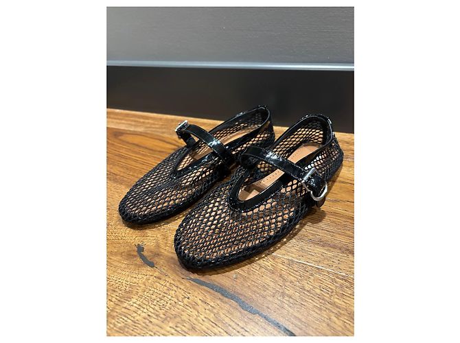 Alaïa Bailarinas de malla negra con tiras de cuero charol Negro - vista 7