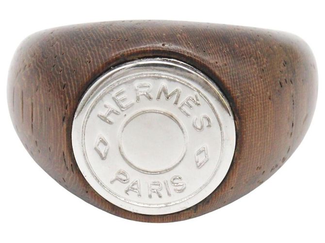 Ring Hermès Anillo de banda de madera y metal Hermes Castaño Plata - vista 2