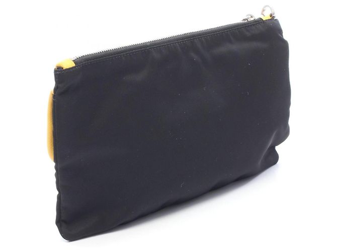 Saffiano Bolsa de mão clutch Prada Triangle Logo Second Bag Marrom Preto Amarelo - vista 2