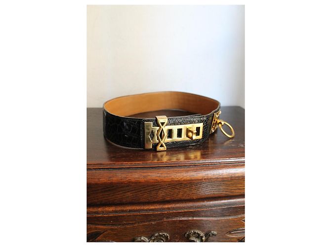 Hermès Collier de Chien Médor Gürtel aus schwarzem Lack-Krokodilleder Gold hardware - Ansicht 2