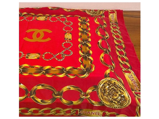 Cambon Chanel Seidentuch Rot mit Goldketten-Print Golden - Ansicht 4