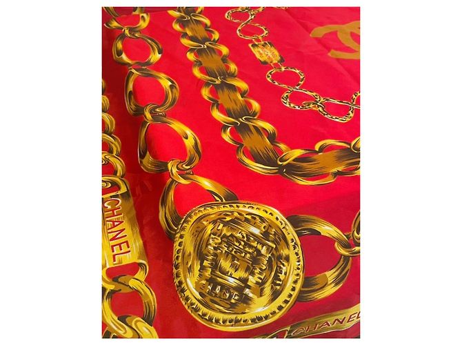 Cambon Chanel Seidentuch Rot mit Goldketten-Print Golden - Ansicht 7