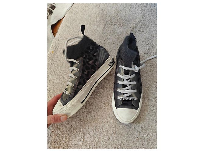 Christian Dior Sneaker Alte in Velluto e Pelliccia Nero Grigio Stampa leopardo - vista 2