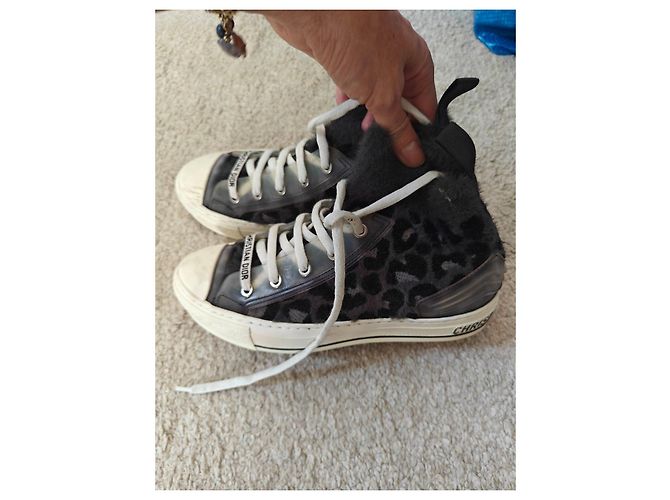 Christian Dior Sneaker Alte in Velluto e Pelliccia Nero Grigio Stampa leopardo - vista 4