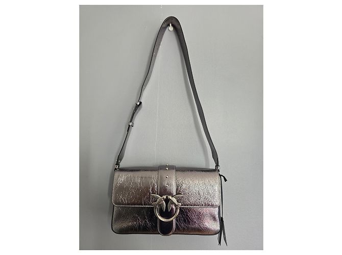 Borsa a tracolla Pinko Love One Classic Slouchy in pelle metallizzata argento Grigio Metallico - vista 10