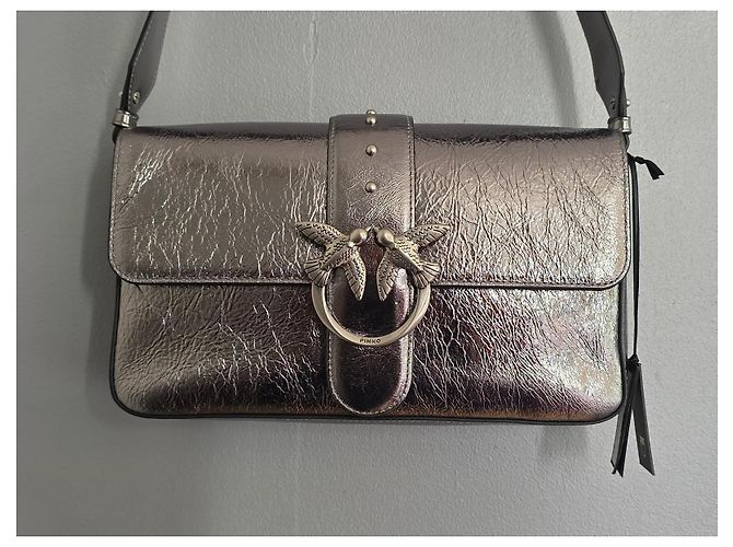 Borsa a tracolla Pinko Love One Classic Slouchy in pelle metallizzata argento Grigio Metallico - vista 11
