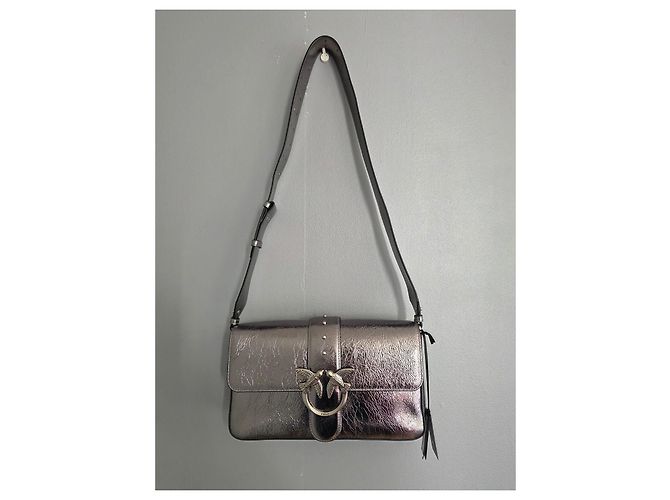 Borsa a tracolla Pinko Love One Classic Slouchy in pelle metallizzata argento Grigio Metallico - vista 12
