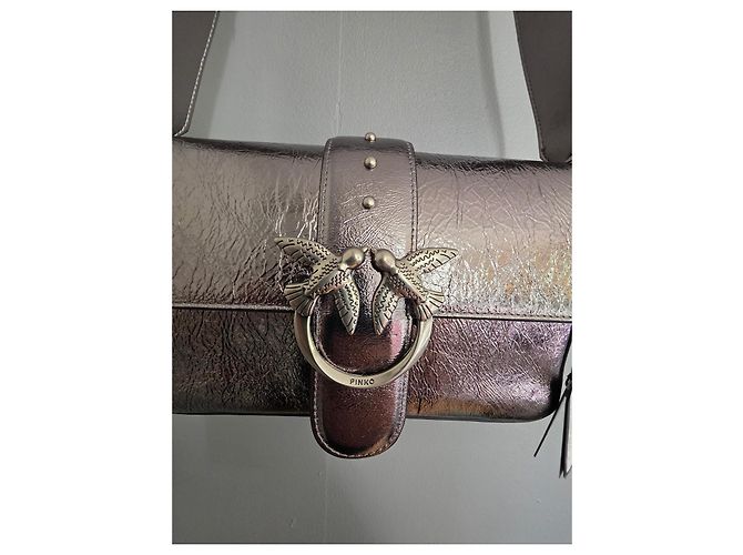 Borsa a tracolla Pinko Love One Classic Slouchy in pelle metallizzata argento Grigio Metallico - vista 15