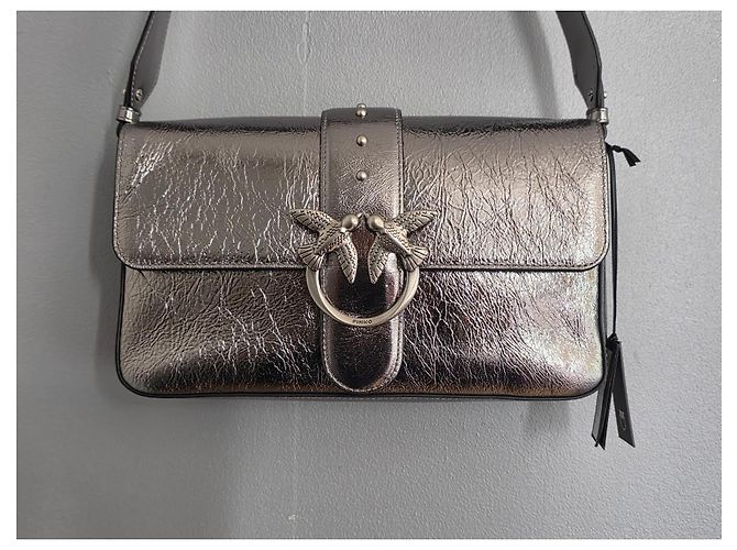 Borsa a tracolla Pinko Love One Classic Slouchy in pelle metallizzata argento Grigio Metallico - vista 2