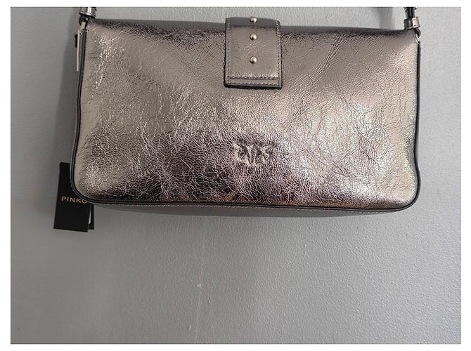 Borsa a tracolla Pinko Love One Classic Slouchy in pelle metallizzata argento Grigio Metallico - vista 5