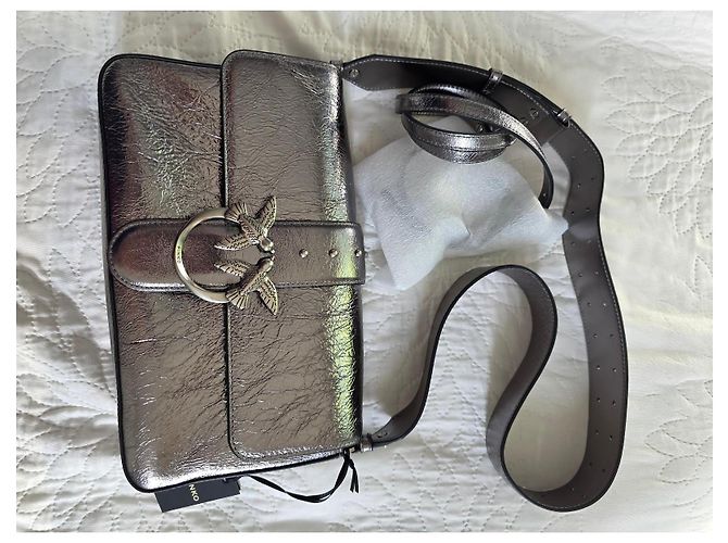 Borsa a tracolla Pinko Love One Classic Slouchy in pelle metallizzata argento Grigio Metallico - vista 7