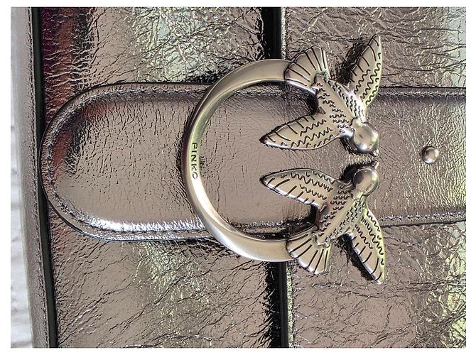 Borsa a tracolla Pinko Love One Classic Slouchy in pelle metallizzata argento Grigio Metallico - vista 8
