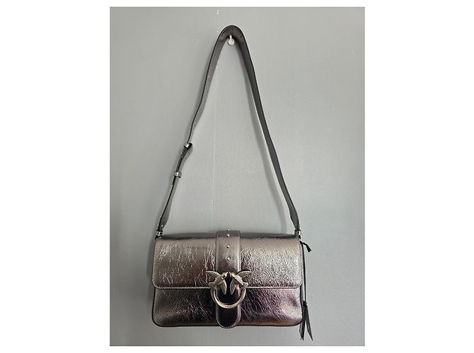 Borsa a tracolla Pinko Love One Classic Slouchy in pelle metallizzata argento Grigio Metallico - vista 9