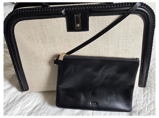Hugo Boss Borsa Tote BOSS Ariell in pelle nera e tela beige Nero - vista 15